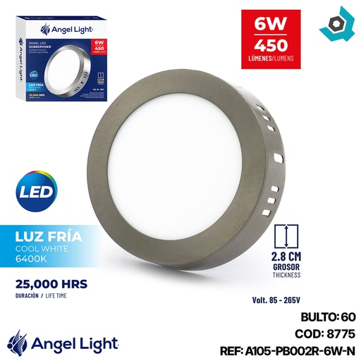 [8775] LAMPARA LED SUPERFICIAL REDONDA 6W NIQUELADA LUZ BLANCA ANGEL LIGHT