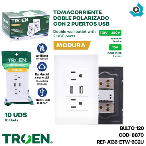[8870] TOMACORRIENTE DOBLE BLANCO CON USB TROEN