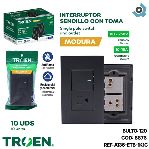 [8876] APAGADOR CON TOMA SENCILLO NEGRO TROEN