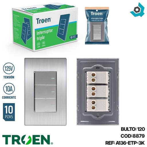 [8879] APAGADOR TRIPLE PLATEADO TROEN