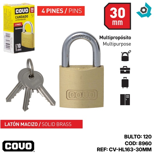 [8960] CANDADO 30MM LATON MACIZO COVO