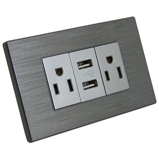 [9084] TOMACORRIENTE DOBLE PLATEADO CON USB TROEN