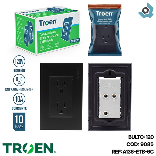 [9085] TOMACORRIENTE DOBLE NEGRO CON TIERRA TROEN