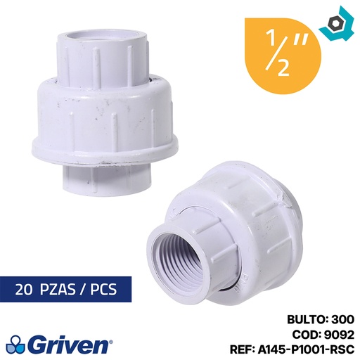 [9092] UNION UNIVERSAL 1/2" DE PVC CON ROSCA GRIVEN