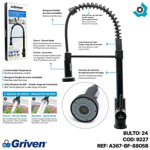 [9227] GRIFERIA PARA FREGADERO MONOMANDO NEGRO MATE GRIVEN BLACK