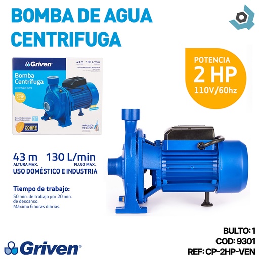[9301] BOMBA DE AGUA 2HP CENTRIFUGA GRIVEN