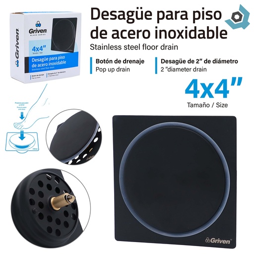 [9324] DESAGUE DE PISO 4" X 4" PUSH CUADRADO GRIVEN