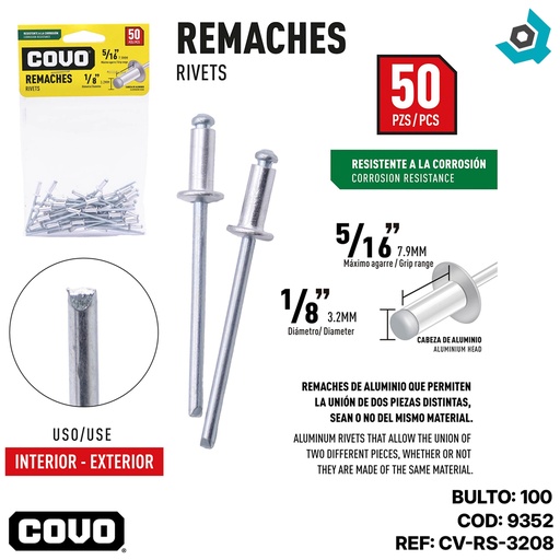 [9352] REMACHE 1/8" X 5/16" 50 PIEZAS COVO