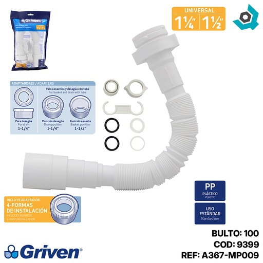 [9399] SIFON PARA LAVAMANOS O FREGADERO 1/2" Y 1 1/4" FLEXIBLE GRIVEN