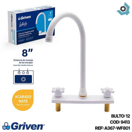 [9413] GRIFERIA PARA FREGADERO 8" DOBLE MANIJA GRIVEN WHITE