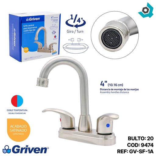 [9474] GRIFERIA PARA LAVAMANOS 4" CUELLO DE CISNE GRIVEN