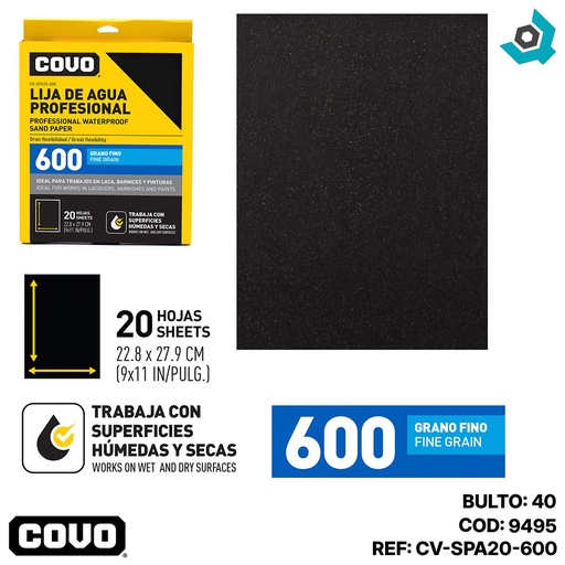 [9495] LIJA DE AGUA 9" X 11" GRANO 600 FINO COVO