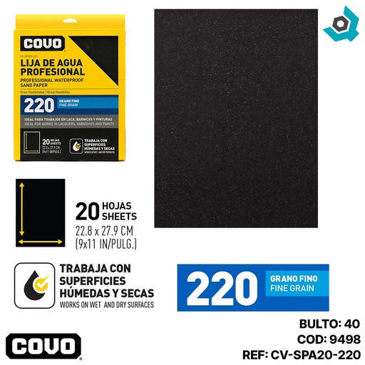 [9498] LIJA DE AGUA 9" X 11" GRANO 220 FINO COVO