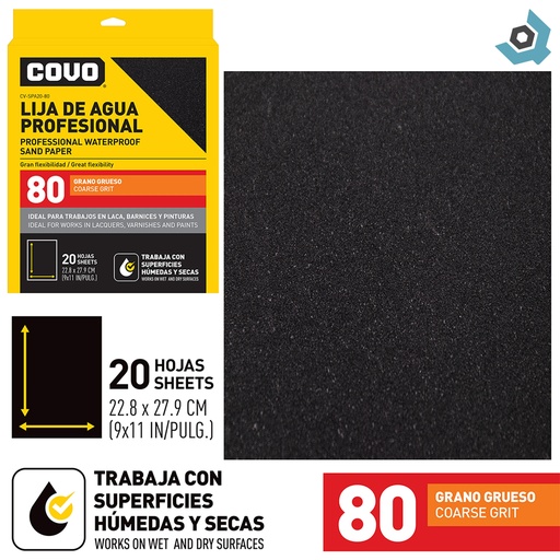 [9519] LIJA DE AGUA 9" X 11" GRANO 80 GRUESO COVO