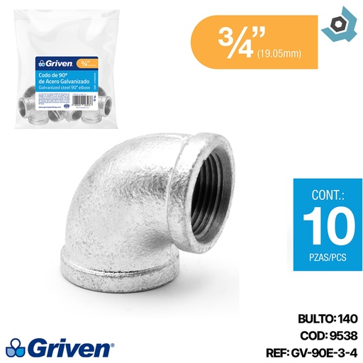 [9538] CODO 90GR 3/4" DE ACERO GALVANIZADO HR GRIVEN