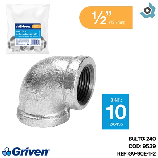 [9539] CODO 90GR 1/2" DE ACERO GALVANIZADO HR GRIVEN