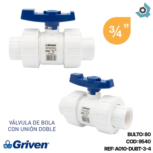 [9540] VALVULA 3/4" DE PVC CON ROSCA UNION DOBLE GRIVEN