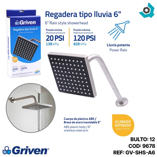 [9678] REGADERA PARA BANO 6" CUADRADA SATINADO GRIVEN