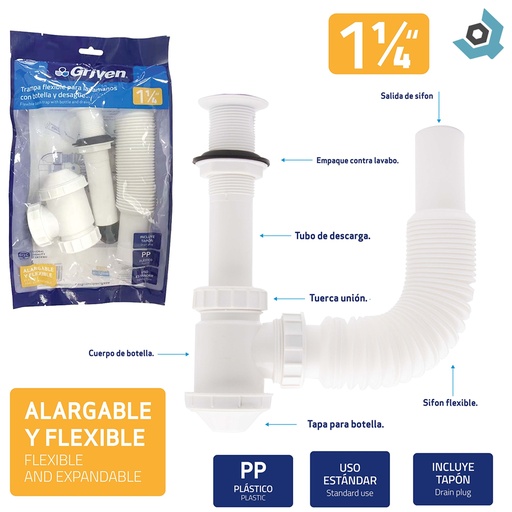 [9685] DESAGUE CON SIFON FLEXIBLE 1 1/4" PARA LAVAMANOS GRIVEN