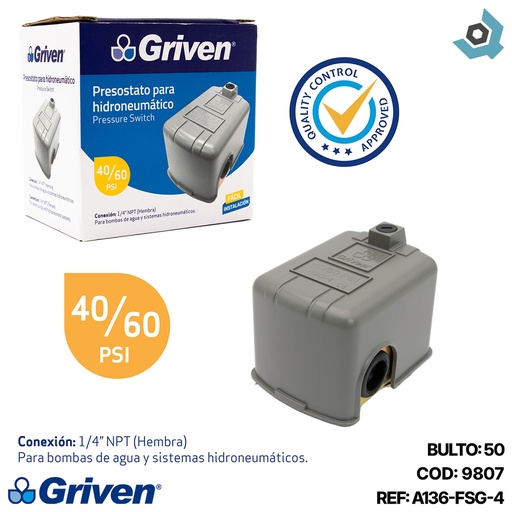 [9807] PRESOSTATO PARA HIDRONEUMATICO 40/60 PSI GRIVEN