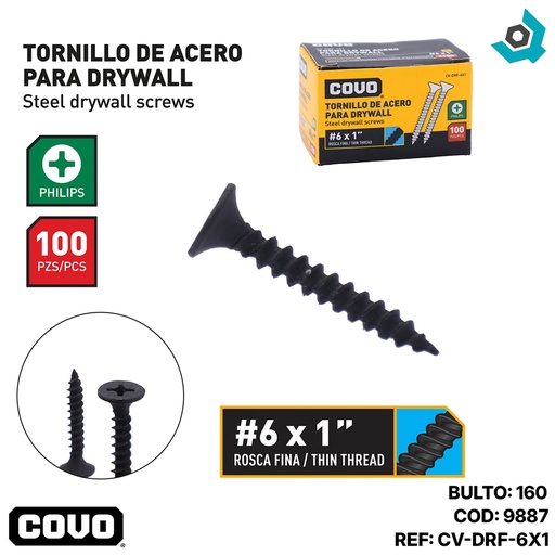 [9887] TORNILLO DRYWALL #6 X 1" ROSCA FINA 100PZA COVO