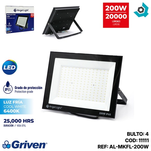[11111] REFLECTOR LED 200W LUZ FRIA 6400K ANGEL LIGHT