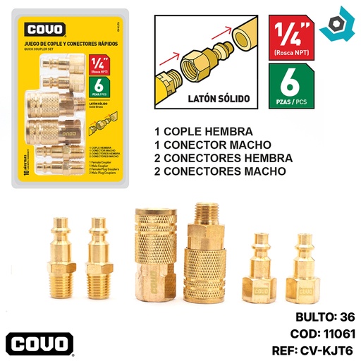 [11061] JUEGO DE COPLE Y CONECTORES RAPIDOS 1/4" DE 6 PIEZAS COVO