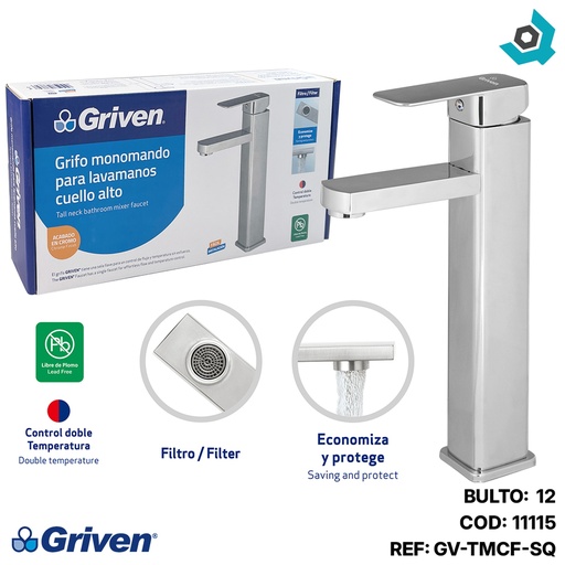 [11115] GRIFERIA MONOMANDO PARA LAVAMANOS CUELLO ALTO CROMADO GRIVEN