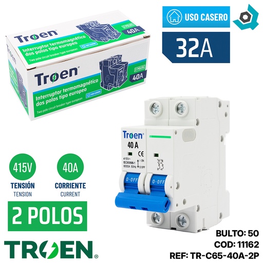 [11162] BREAKER TERMOMAGNETICO 40A 2P TIPO EUROPEO TROEN
