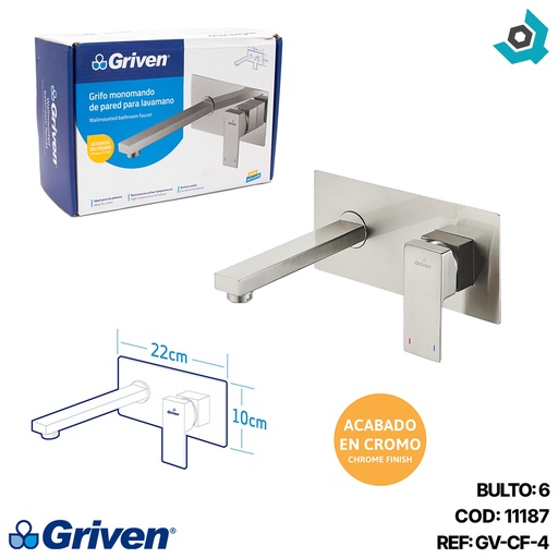 [11187] GRIFERIA MONOMANDO PARA LAVAMANOS DE PARED CROMADO GRIVEN