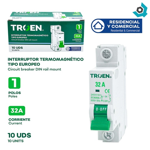 [11215] BREAKER TERMOMAGNETICO 32A 1P TIPO EUROPEO TROEN