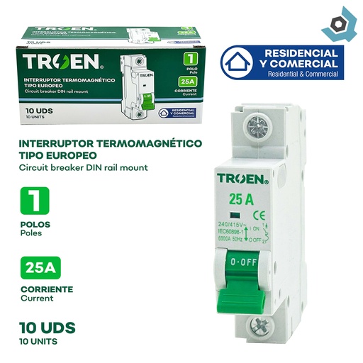 [11216] BREAKER TERMOMAGNETICO 25A 1P TIPO EUROPEO TROEN
