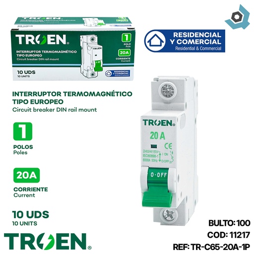 [11217] BREAKER TERMOMAGNETICO 20A 1P TIPO EUROPEO TROEN