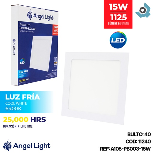 [11240] LAMPARA LED PARA EMPOTRAR CUADRADA 15W 7.5" LUZ BLANCA 6400K ANGEL LIGHT