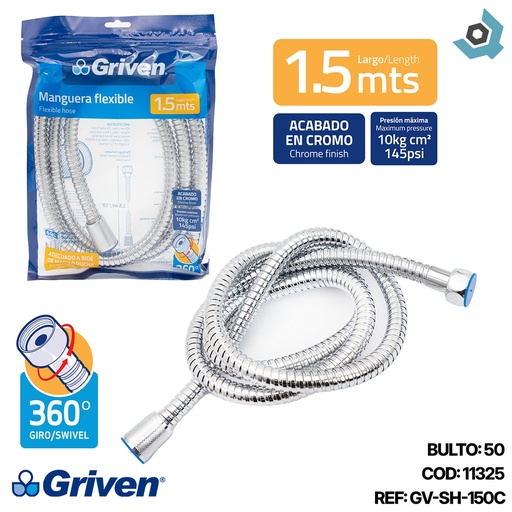 [11325] MANGUERA FLEXIBLE 1/2" 1.5M CROMADO GRIVEN