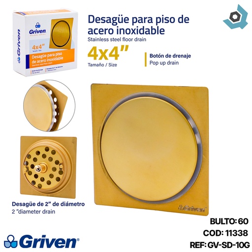 [11338] DESAGUE DE PISO 4" X 4" PUSH DORADO ACERO INOXIDABLE GRIVEN GOLD