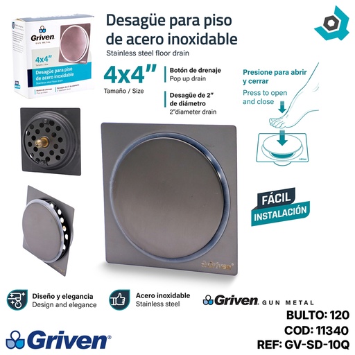 [11340] DESAGUE DE PISO 4" X 4" PUSH GRIS METALICO ACERO INOXIDABLE GRIVEN GUN METAL