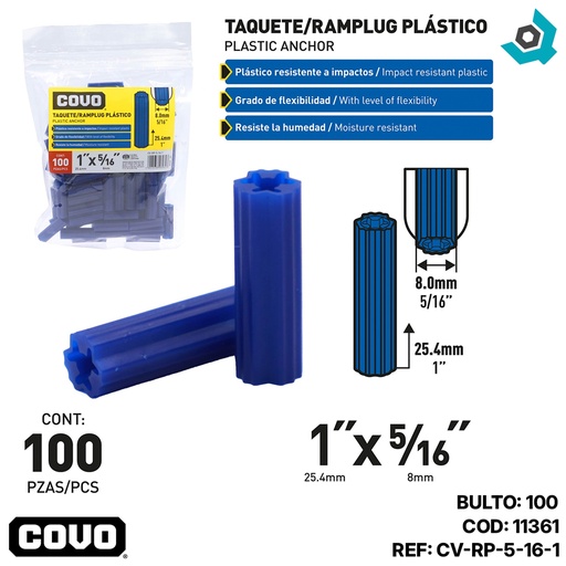 [11361] RAMPLUG PLASTICO 1" X 5/16 100 PIEZAS COVO