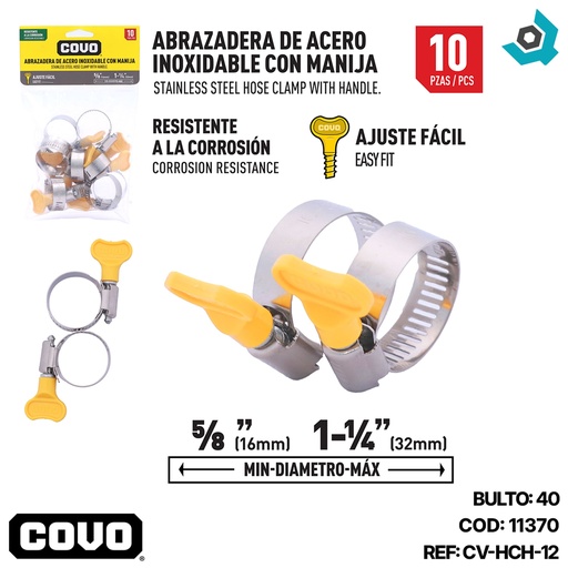 [11370] ABRAZADERA CON MANIJA 5/8" A 1-1/4" 10 PZAS COVO