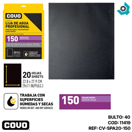 [11419] LIJA DE AGUA 9" X 11" GRANO 150 MEDIO COVO