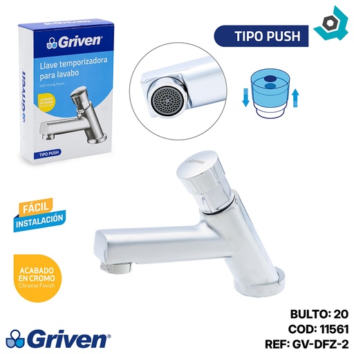 [11561] LLAVE TEMPORIZADORA PARA LAVABO TIPO PUSH CROMADO GRIVEN