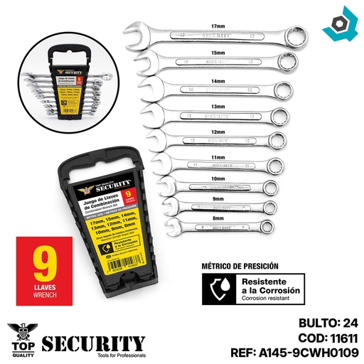 [11611] JUEGO DE LLAVES DE COMBINACION 9 PZAS SECURITY
