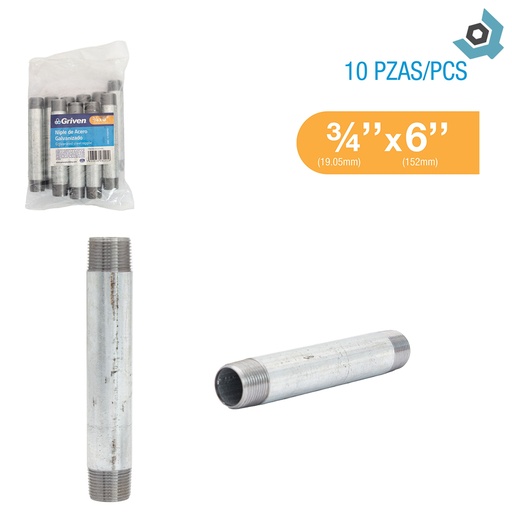 [11754] NIPLE 3/4" X 6" DE ACERO GALVANIZADO GRIVEN