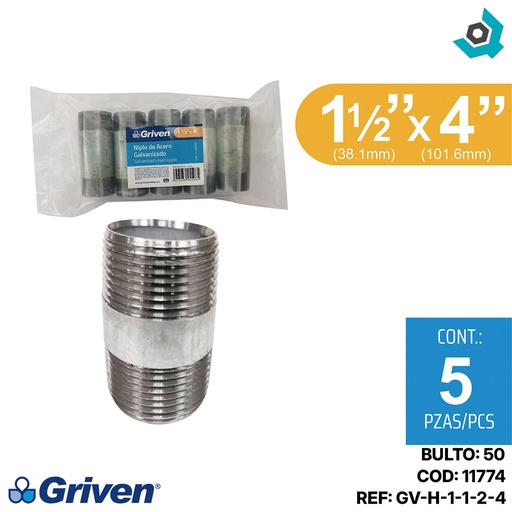 [11774] NIPLE 1 1/2" X 4" DE ACERO GALVANIZADO GRIVEN