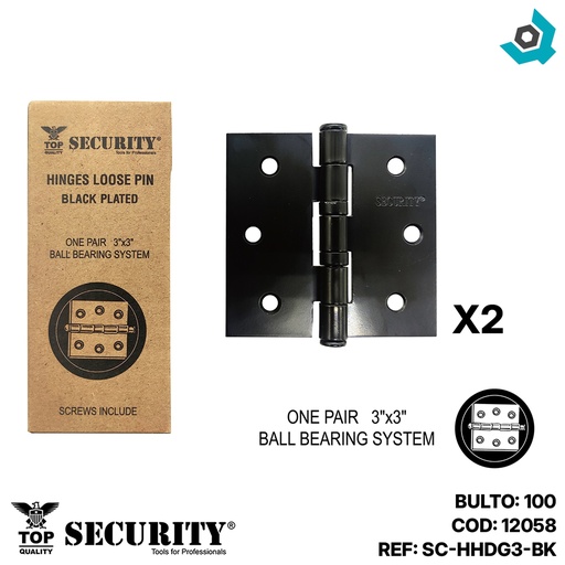 [12058] BISAGRA PARA MUEBLES 3" X 3" NEGRO MATE SECURITY