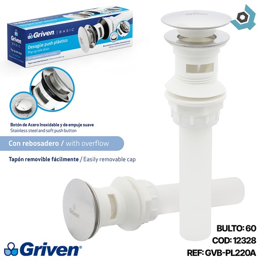 [12328] DESAGUE PUSH PLASTICO CON REBOSADERO GRIVEN BASIC