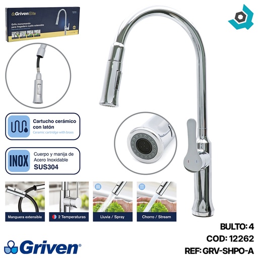 [12262] GRIFERIA MONOMANDO PARA FREGADERO CUELLO EXTENSIBLE CROMADO GRIVEN ELITE