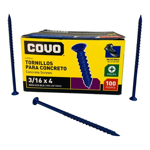 [12424] TORNILLOS PARA CONCRETO 3/16” X 4” 100 PZAS COVO
