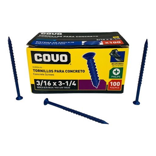 [12426] TORNILLOS PARA CONCRETO 3/16” X 3-1/4” 100 PZAS COVO