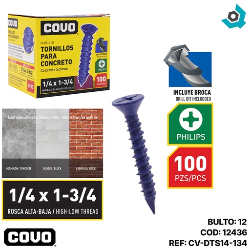[12436] TORNILLOS PARA CONCRETO 1/4” X 1-3/4” 100 PZAS COVO